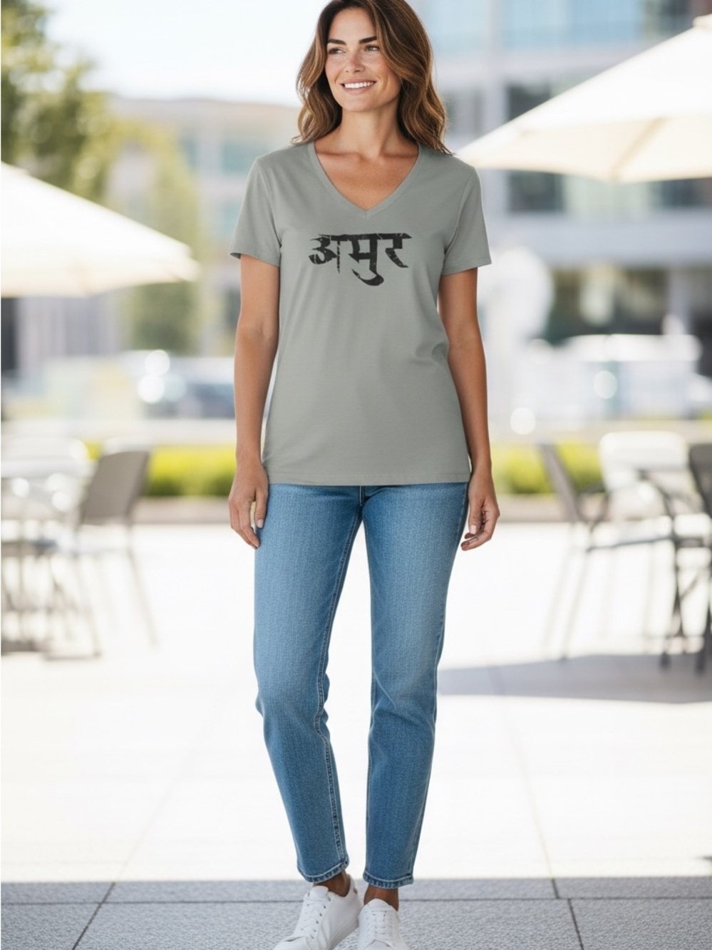 Sir Alistair Rai Light Gray V-Neck Tee with Black Script